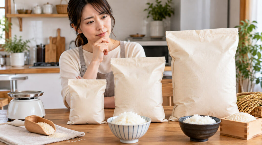 おぼろづきの2kg・5kg・10kgの選び方をイメージした容量の異なる米袋の比較