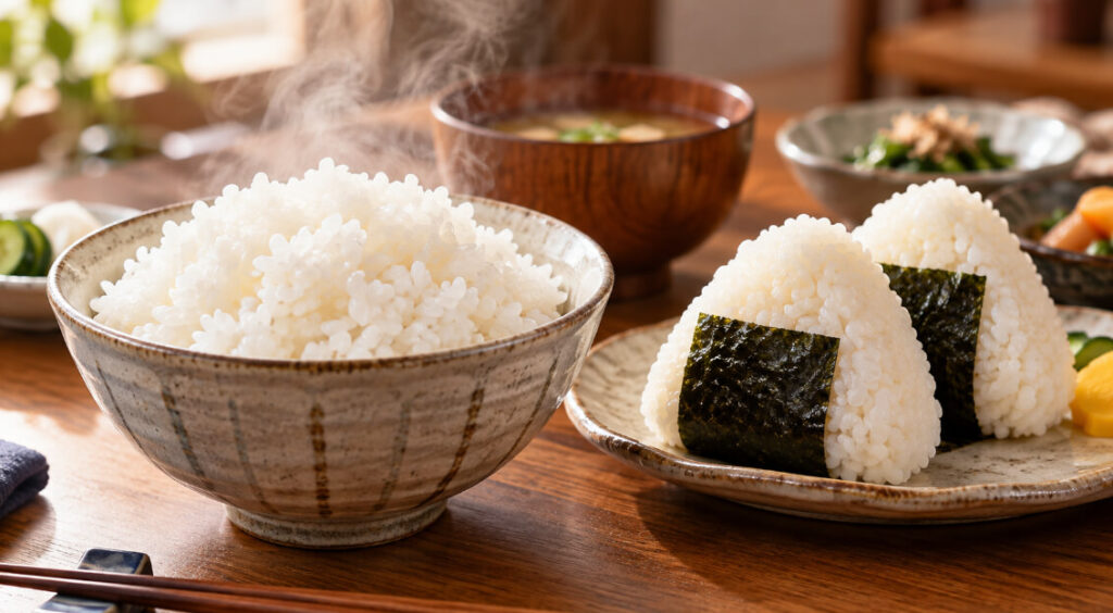 おぼろづきのもちもちした食感をイメージした炊きたての白ご飯と海苔巻きおにぎり