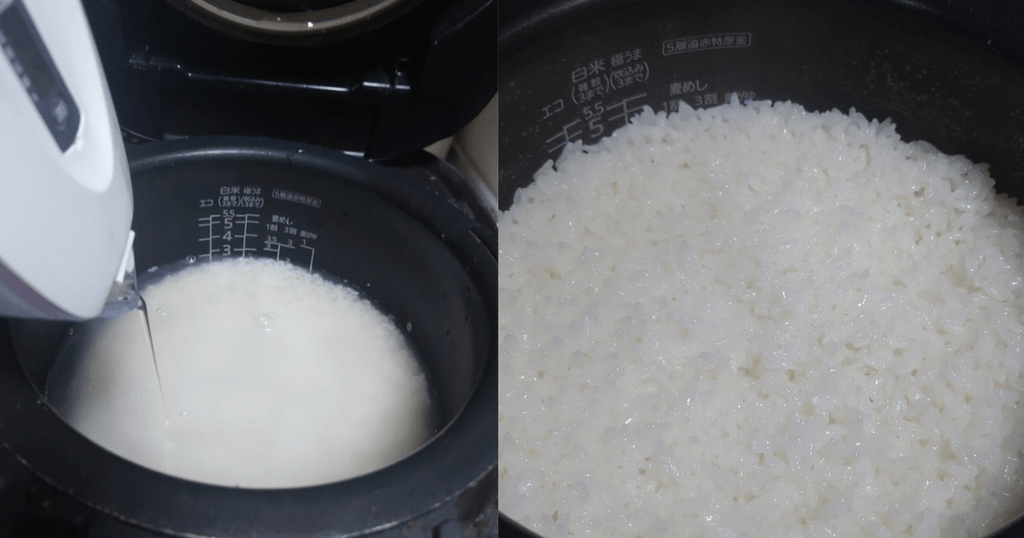 北海道産おぼろづきの炊飯前の白米と炊き上がったツヤのあるご飯