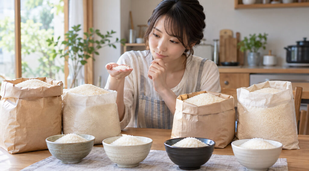 おぼろづきの産地や生産者を比較するイメージで複数のお米を確認する日本人女性