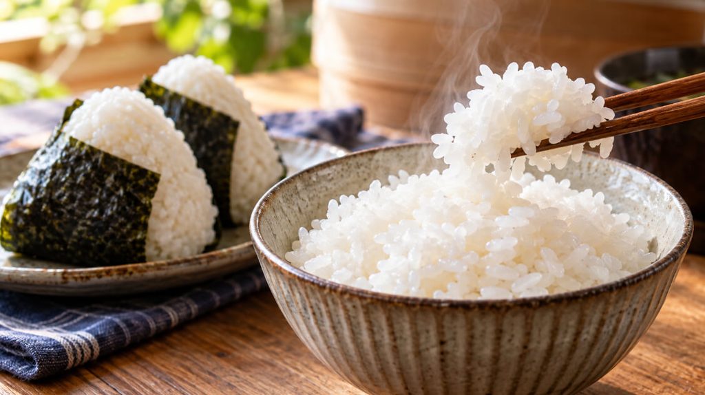 おぼろづきのもちもちした食感をイメージした炊きたての白ご飯と海苔おにぎり