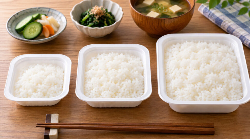 パックご飯の容量の違いをイメージした3種類の白ご飯と和食のおかず