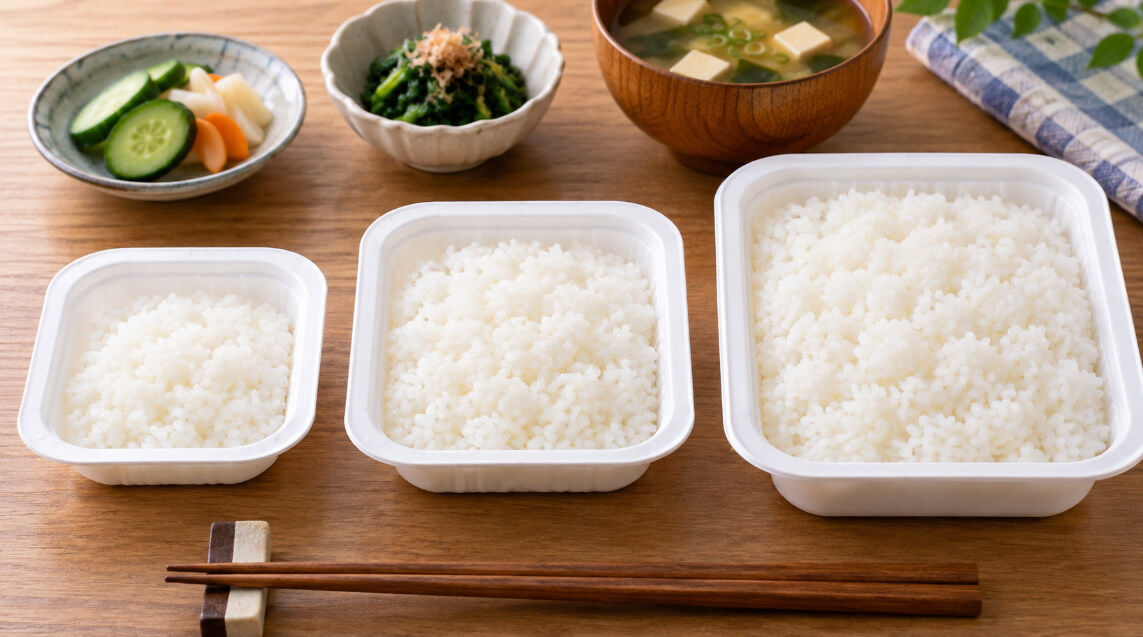 パックご飯の容量の違いをイメージした3種類の白ご飯と和食のおかず