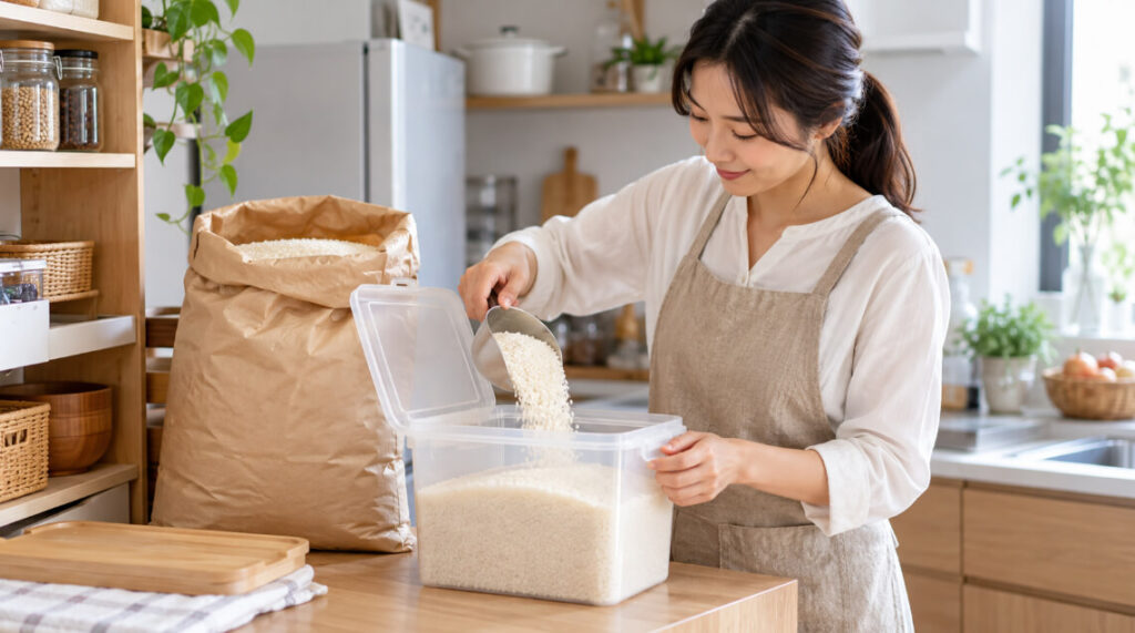 まとめ買いしたお米をキッチンで密閉保存容器に移し替える日本人女性