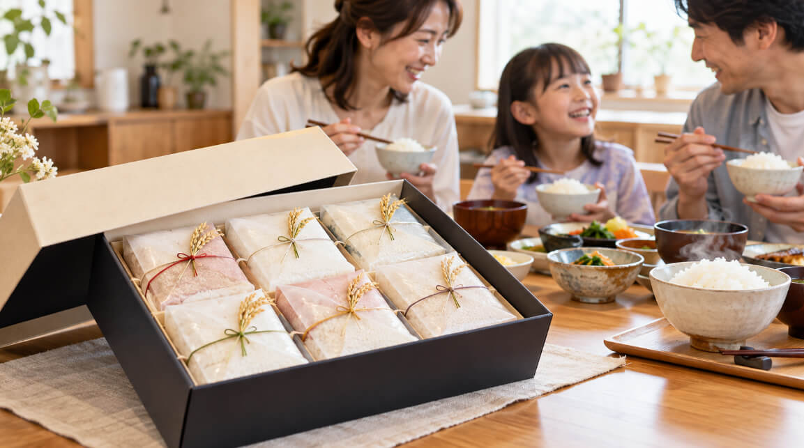 小分けされたお米の箱入りギフトと白ご飯を囲んで食事を楽しむ日本人家族