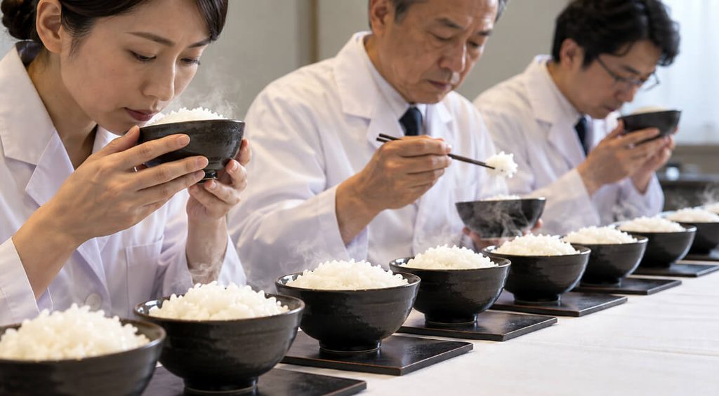 白衣を着た評価員が炊きたての白米の香りや食感を確認する食味官能試験のイメージ