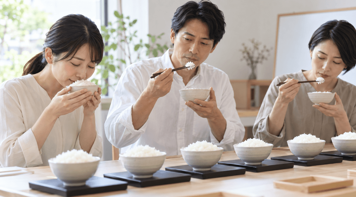 複数の白ごはんを食べ比べて香りや味を確かめる日本人の男女3人