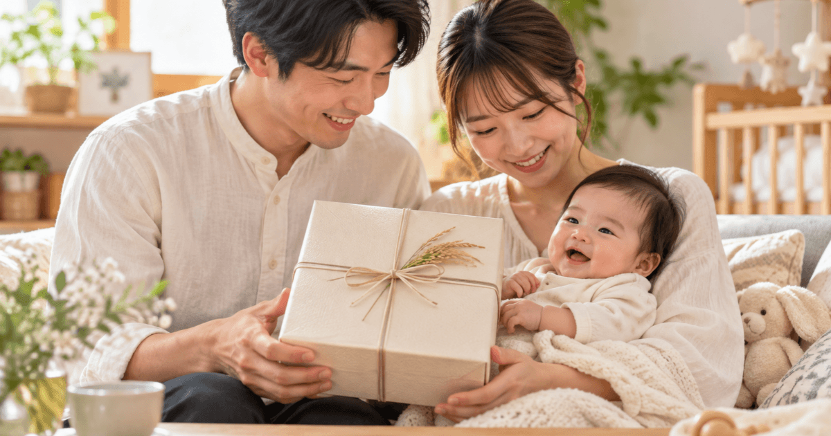 赤ちゃんと両親が囲む出産内祝い向けのお米ギフト