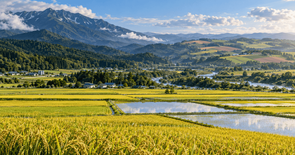 北海道の山や川に囲まれたゆめぴりか産地の水田風景