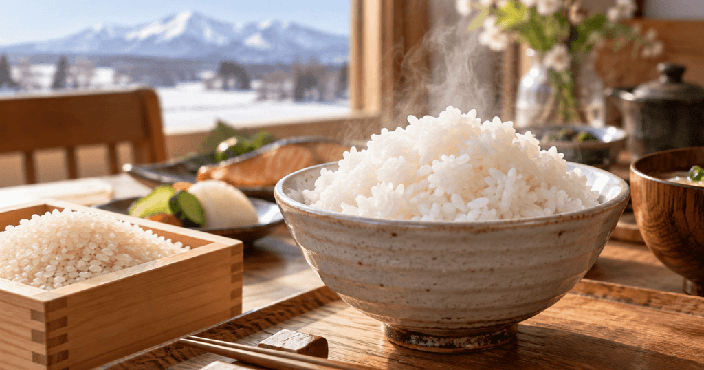 北海道の雪山を背景にした炊きたての白ご飯と米粒