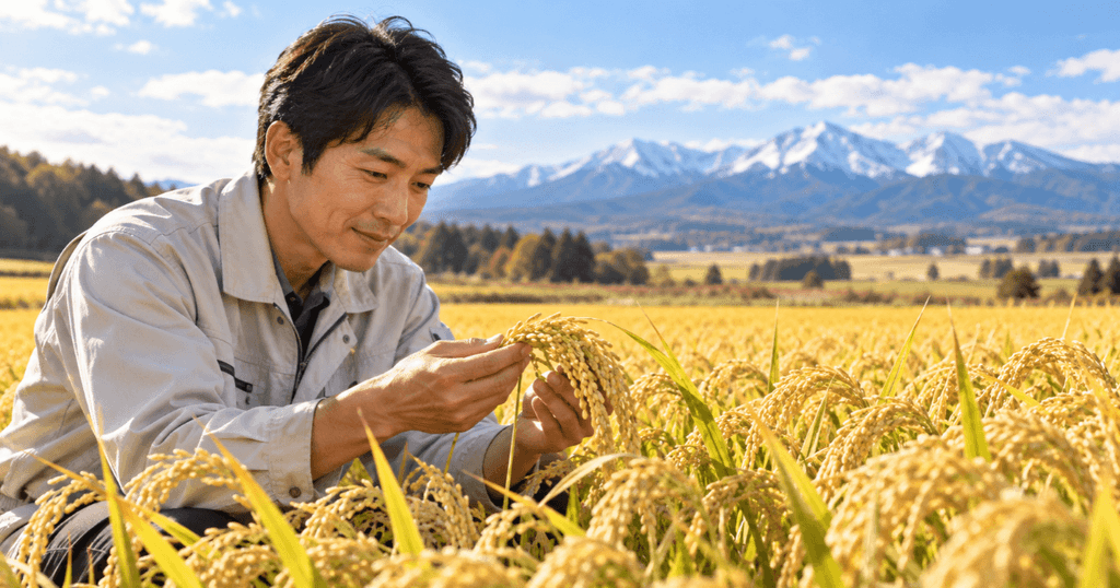 北海道の田んぼで実った稲穂を確認する日本人の生産者