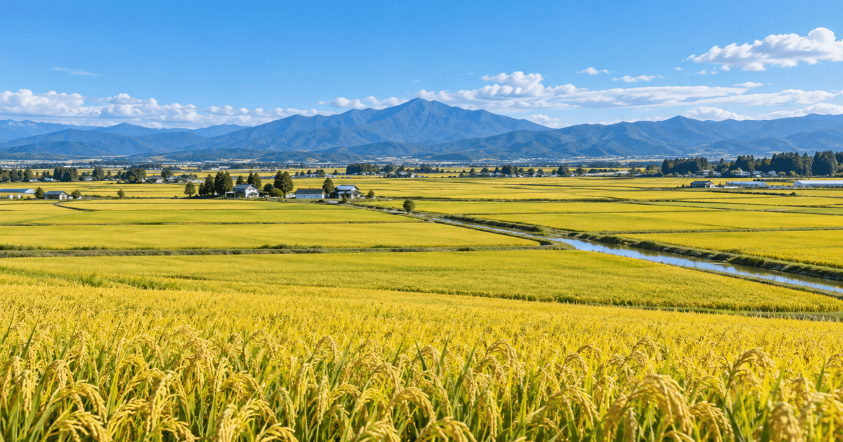 北海道のゆめぴりか産地をイメージした広大な水田と山並み