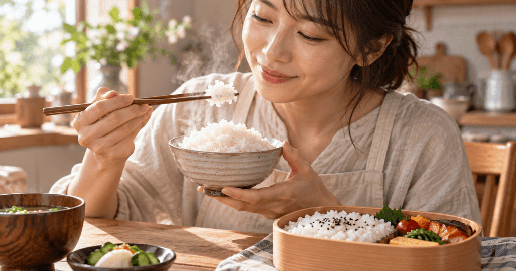 炊きたての白ご飯とお弁当のご飯を楽しむ日本人女性