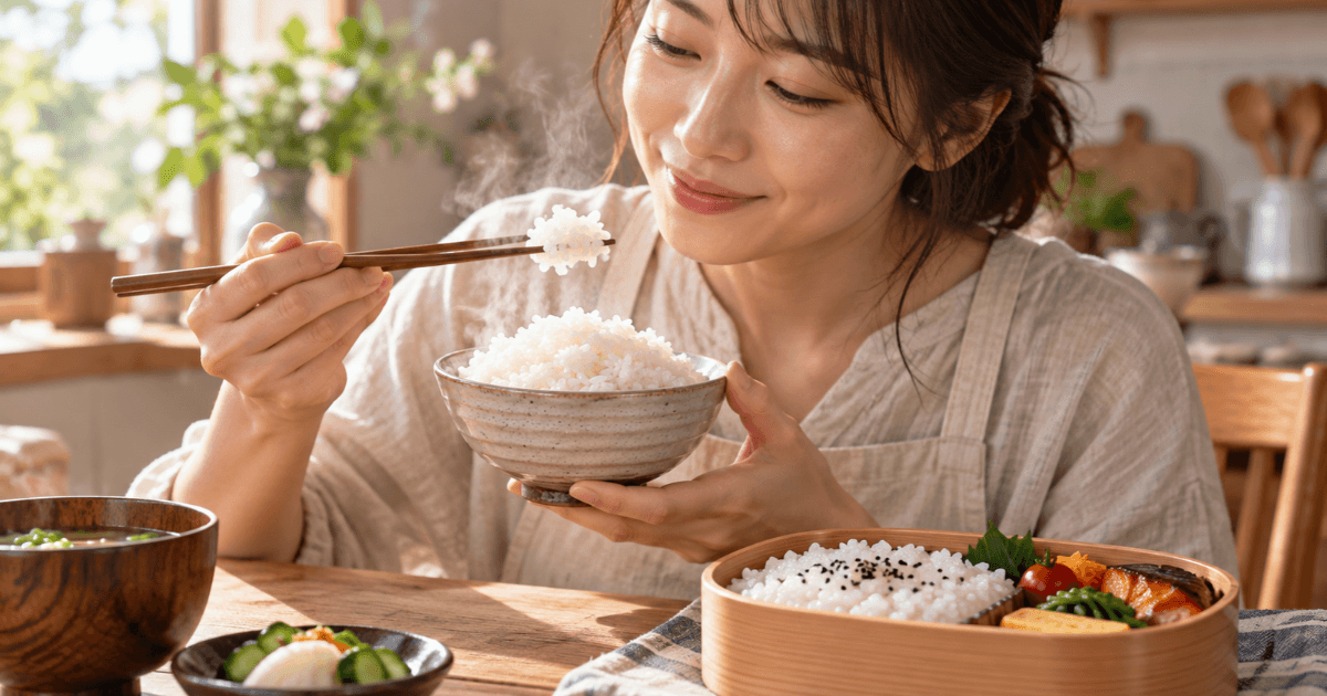 炊きたての白ご飯とお弁当のご飯を楽しむ日本人女性