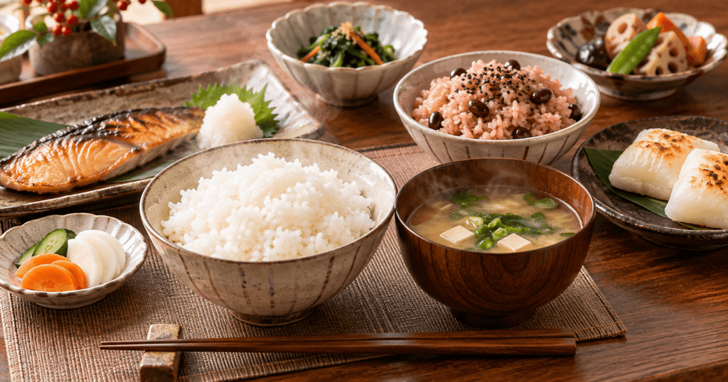 白ご飯のゆめぴりかと赤飯や餅に使うもち米の料理例