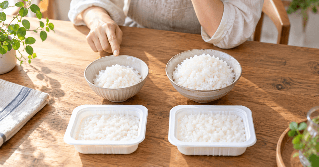ゆめぴりかパックご飯の150gと200gの量を比較する食卓