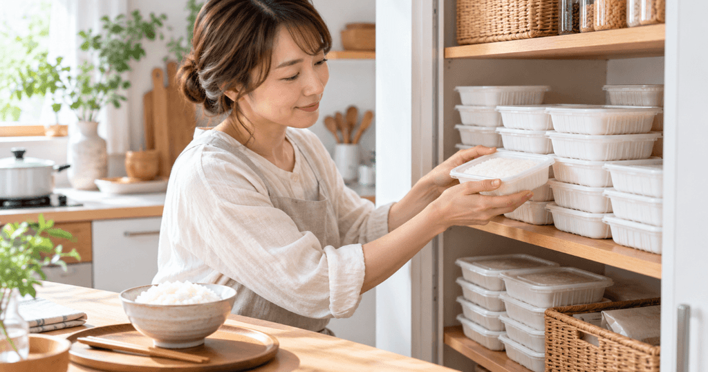 まとめ買いしたゆめぴりかパックご飯を棚に収納する女性