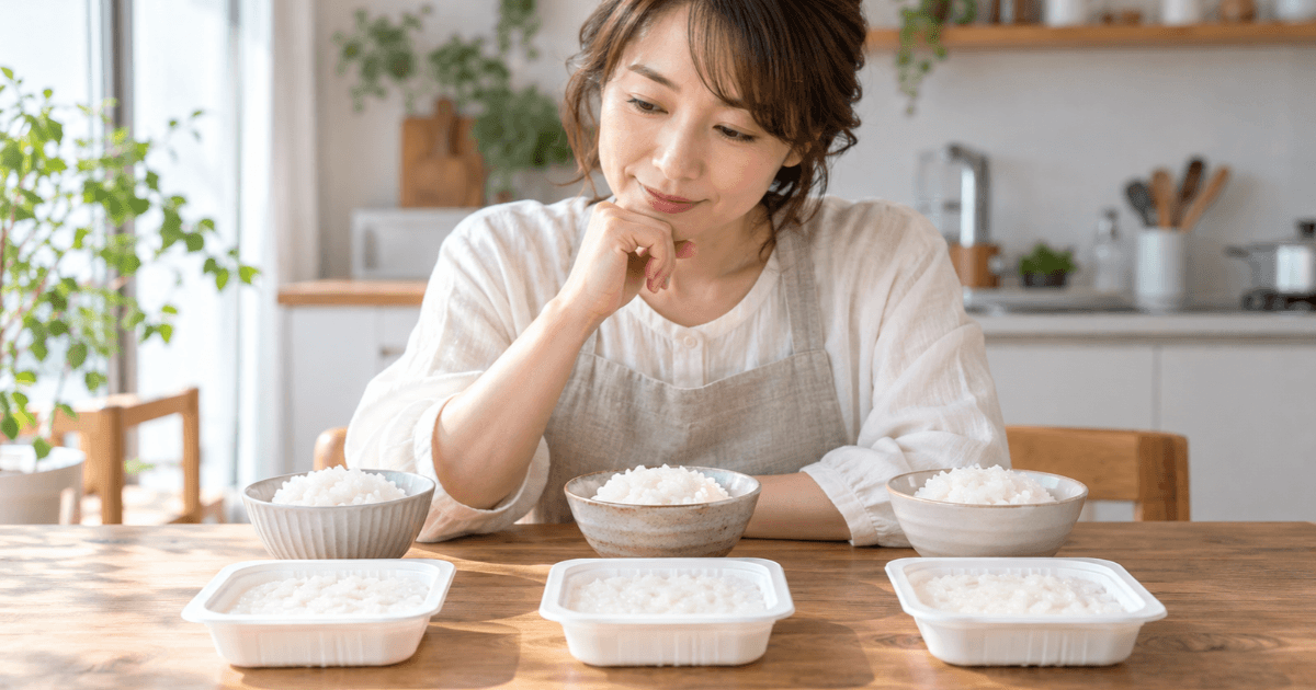 ゆめぴりかのパックご飯を比較する女性と3種類のご飯
