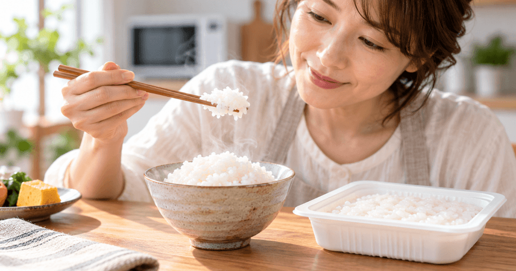 ゆめぴりかのパックご飯を温めて味と食感を確かめる女性