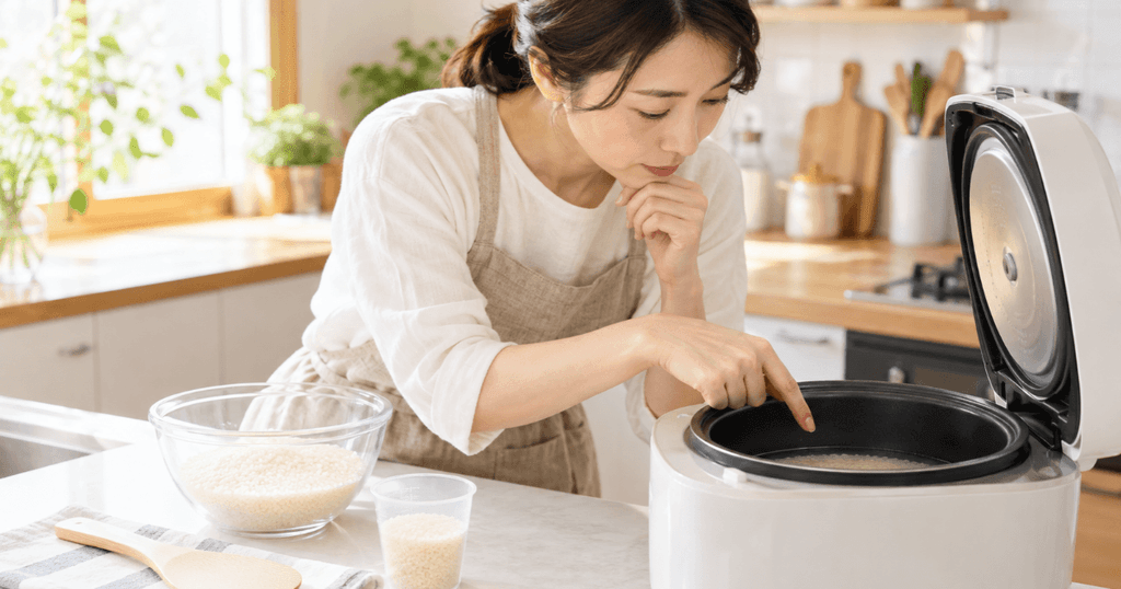 ゆめぴりかを炊く前に炊飯器の内釜で水加減を確認する女性