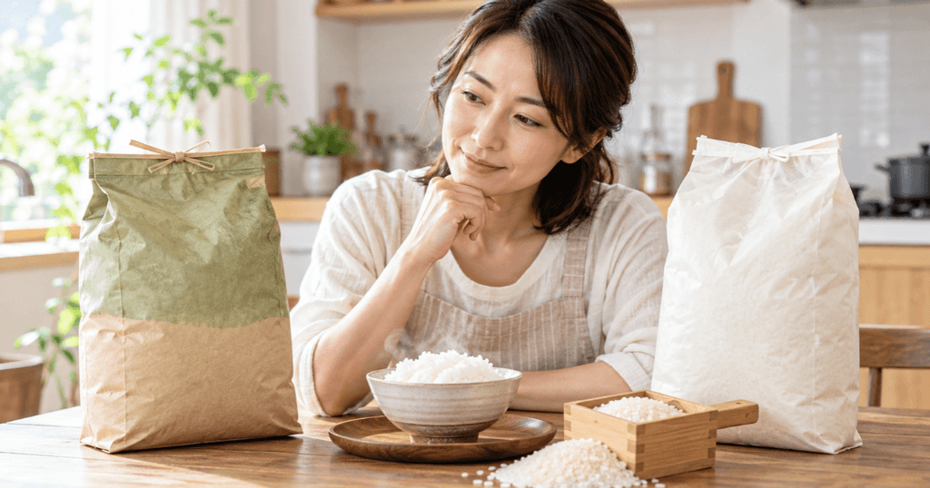 通常のゆめぴりかと特別栽培米の違いを比較する女性
